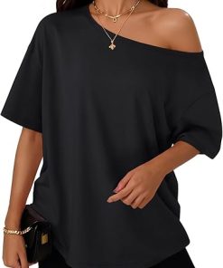 Trendy Queen Womens Off the Shoulder Tops Oversized T-Shirts Short Sleeve Tees Summer 2026 Casual Spring Clothes