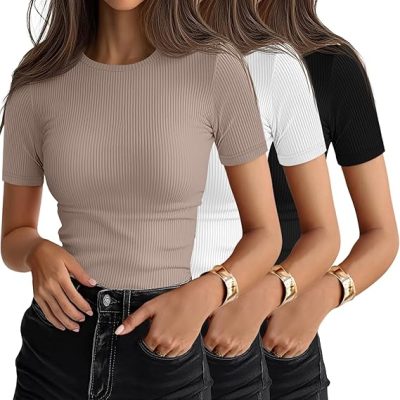 Ficerd 3 Pack Women's Ribbed T-Shirts, Cotton Short Sleeve Basic Tees Crewneck Fitted Tops Casual Shirts 2026 Summer Trendy